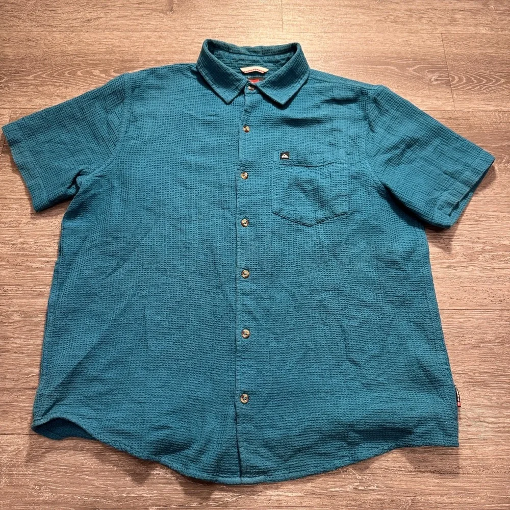 Quiksilver Shirt Mens Large Blue Thermal‎ Knit Short Sleeve Button Up Pocket